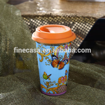 12OZ Luxury New Bone China Butterfly Design Double Walled Ceramic Travel Mug