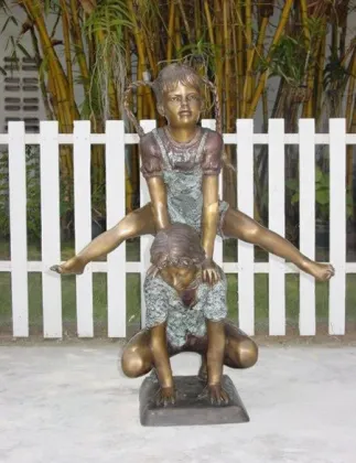 bronze two kids playing leapfrog statue for sale