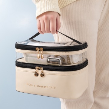 Portable Two Layer Waterproof PU Leather PVC Cosmetic Bag with Brush Holder - Cheap Promotion
