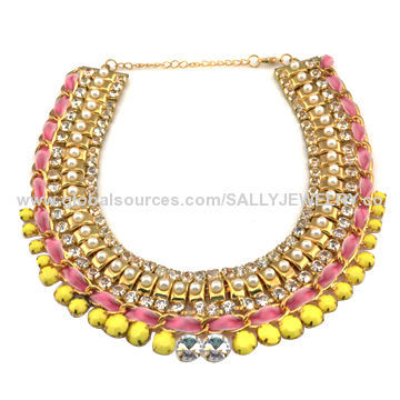 Costume stylish chain chokers, made of alloy, resin, pearl, ribbon and metal