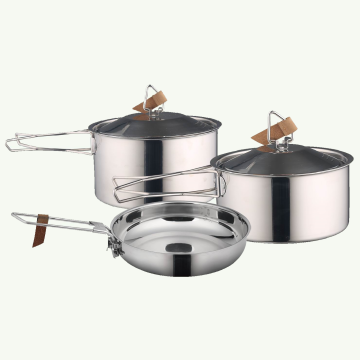 Camping Edelstahl -Kochgeschirrset: Pfanne und zwei Töpfe mit Deckel zum Kochen im Freien