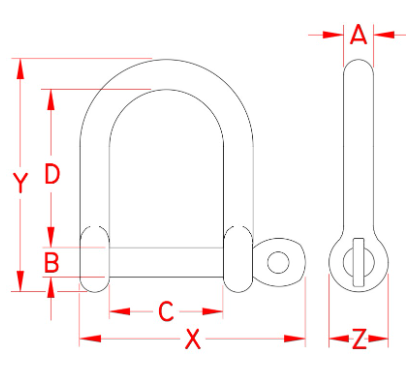 drawing of D shackle with screw pin