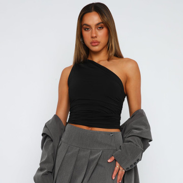 Solid Color Single Shoulder Open Back Pleated Tank Top for Women - European and American Winter Clothing