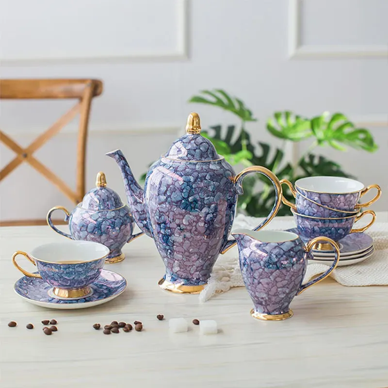 European Bone China Tea Set with Gemstone Blue and Pink Ceramic 15-Piece Coffee Cup Set
