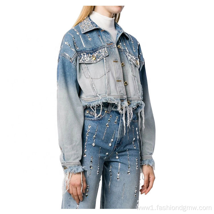 Womens Rhinestone Jean Jacket Two Piece Set Clothing