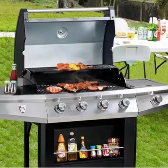 Outdoor Trolley Square Metal Barbecue Gas BBQ Grill 4main Burners BBQ Gas Grills Stainless Steel Grill Portable Barbecue Stove
