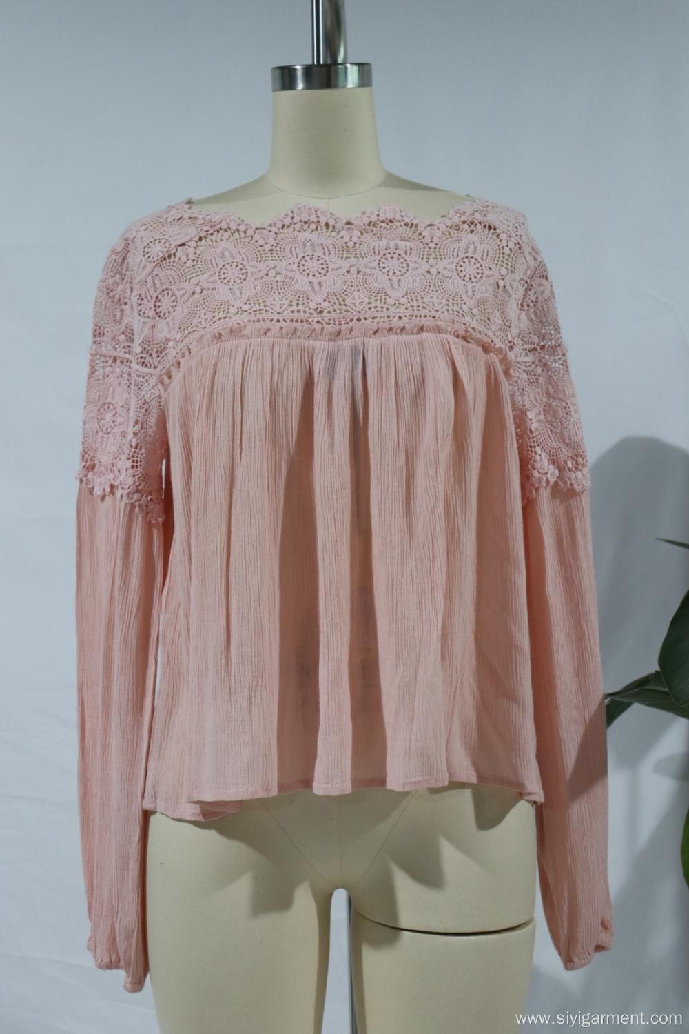 Round Neck Lady Ruffle Sleeve Blouse Lace