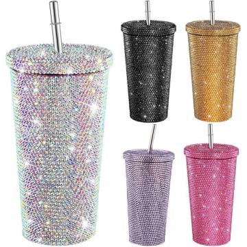 16oz Luxury Crystal Finishes Tumbler Bling Rhinestone Stainless Steel Water Cup Diamond coffee mugs With Lid And Straw