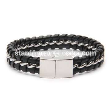 Good Quality Anniversary Gift Interwoven Curb Chain Leather Bracelet for Men
