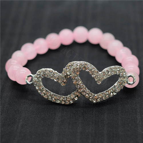 Розовый кварц 8MM круглые бусины стрейч драгоценный камень браслет с Diamante двойной части сердца