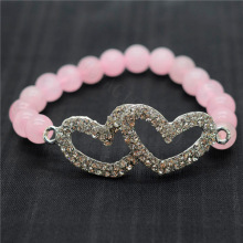 Rose Quartz 8MM Round Beads Stretch Gemstone Bracelet with Diamante Double heart Piece