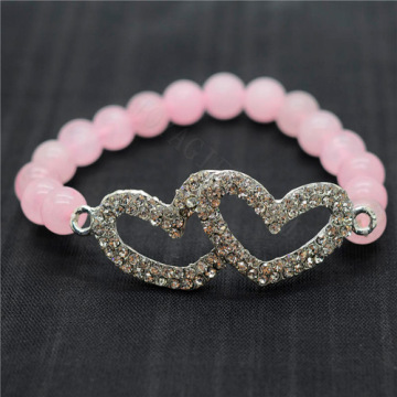 Rose Quartz 8MM Round Beads Stretch Gemstone Bracelet with Diamante Double heart Piece