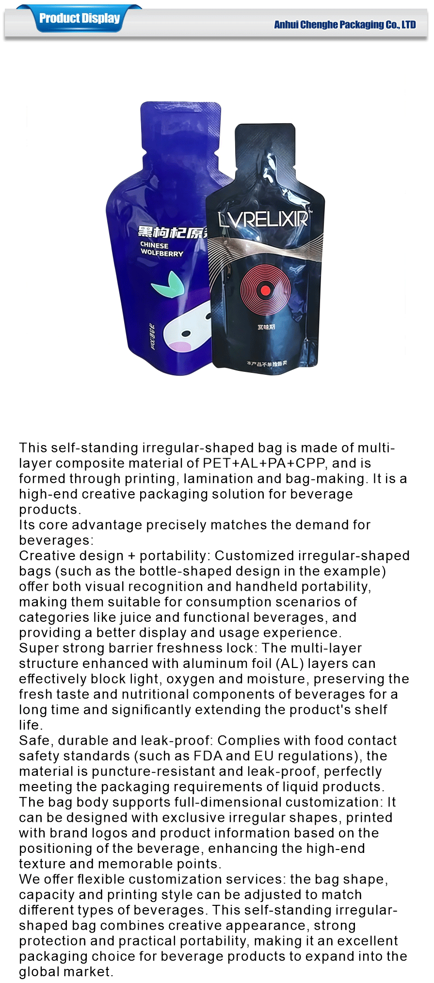 Unique self standing drink bag