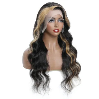 New Arrival Factory Price Black Wig With Highlight Honey Blonde Body Wave Human Hair Transparent 13x4 13x6 Lace Wig For Women