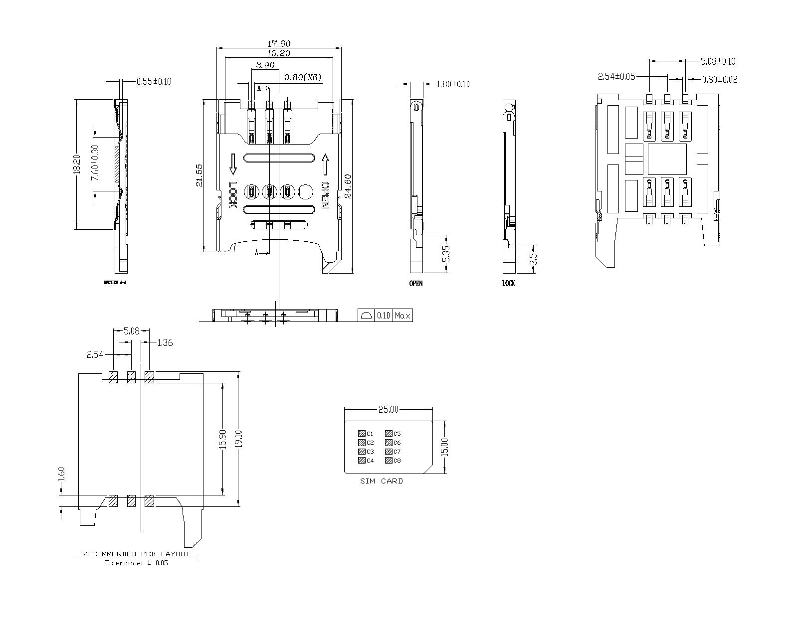 SIM Series 8Pin With Boss 1.80mm Height