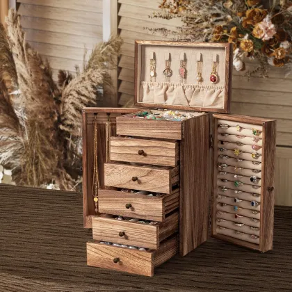 Modern Vintage Solid Wood Jewelry Box - Storage for Rings, Bracelets & Necklaces