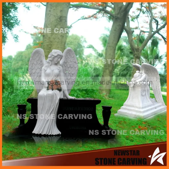 Gravestone with Angels Wings in White Marble Black Granite