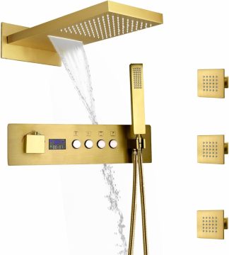 Brushed Gold 4 Function Rain Waterfall Shower Set with Thermostatic Valve
