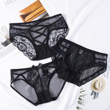 Hot, Seductive Hollow Lace Women's Underwear: Transparent Briefs with Cotton Lining