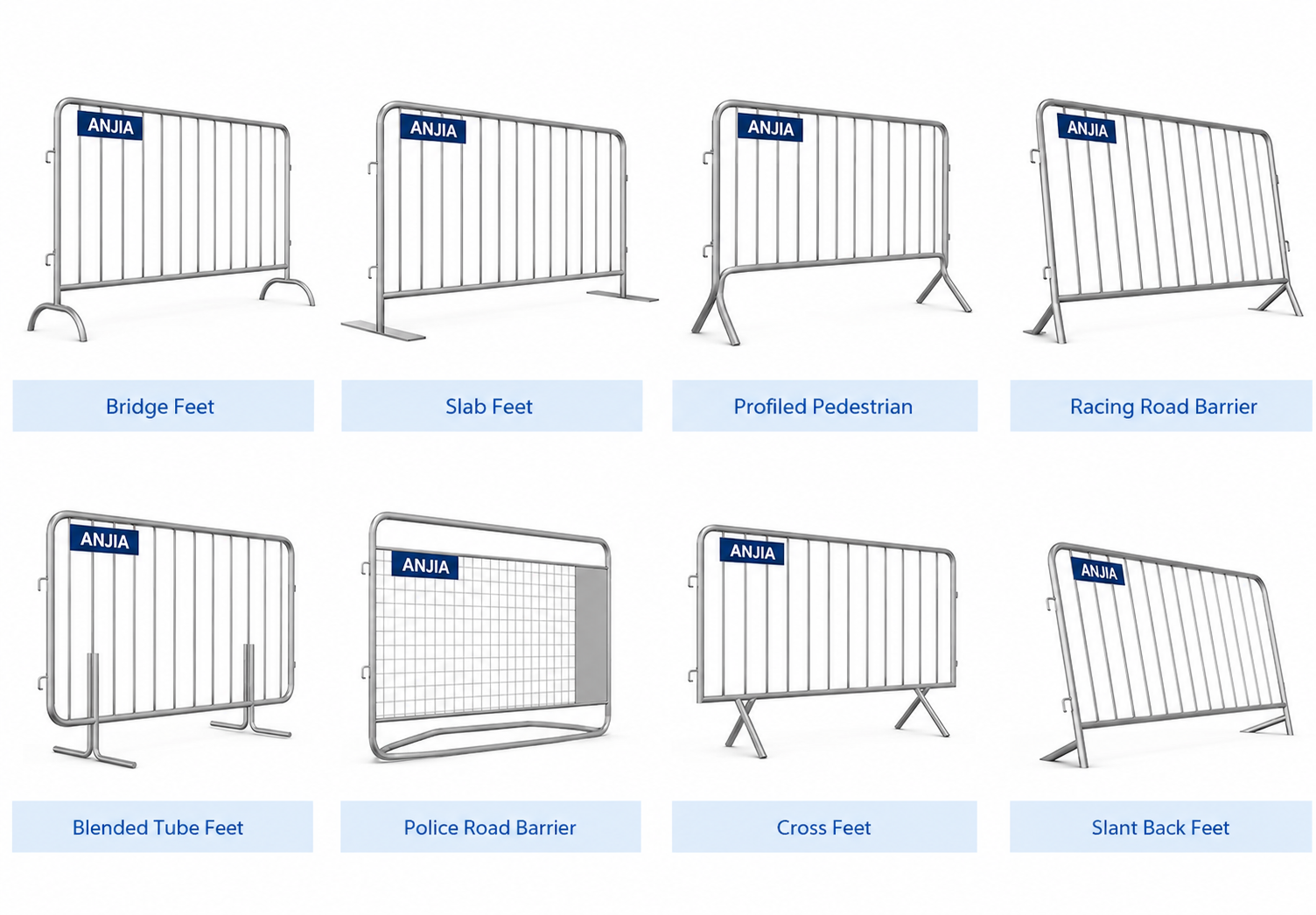 Types of crowd control fence panels – galvanized steel barrier with different base options, manufactured by ANJIA 72,000sqm ISO facility