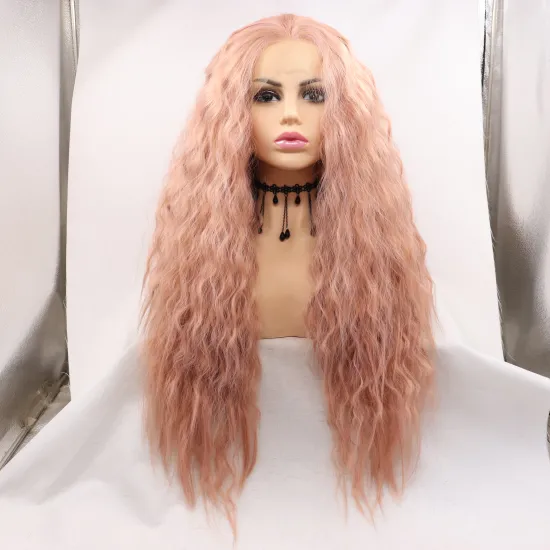 Lovely Pink Mono Long Curly Premium High Quality Water Wave Wholesale Cheap Women Fiber Synthetic Hair Wigs Lace Front