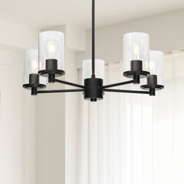 Black Chandelier: Modern 5 Light Clear Glass Ceiling Pendant Light for Foyer and Living Room