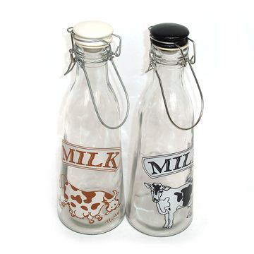 Milk Glass Bottles with Decal, Rubber Pad and White/Black Ceramic Lid