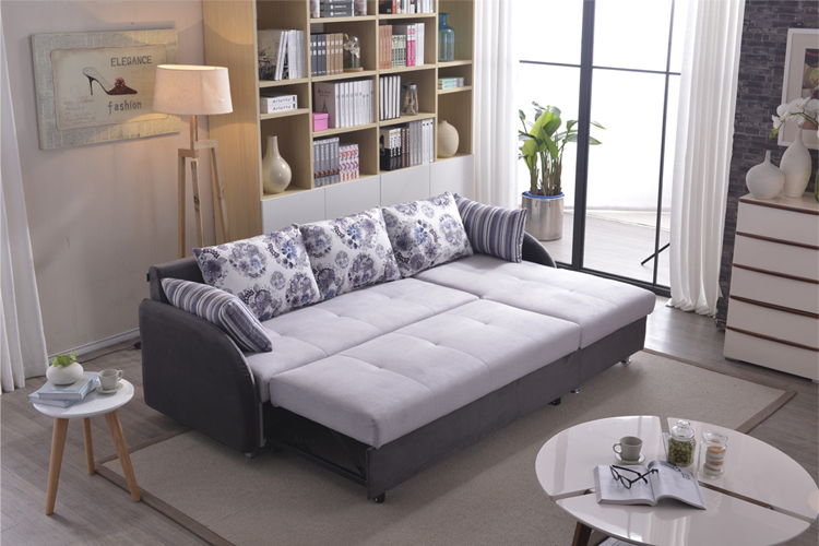 Tempat tidur sofa kain modern dengan sudut penyimpanan L berbentuk sofa lipat untuk furnitur ruang tamu