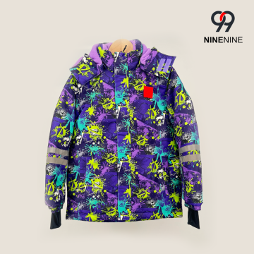 Vibrante chaqueta de esquí para niños con diseño de grafiti neón