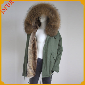 Jsfur Army Coat Faux Fur Lined Raccoon Hood Parka Jacket