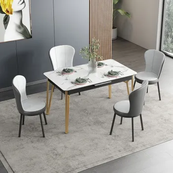 Retractable Dining Room Table Sintered Stone Golden Frame