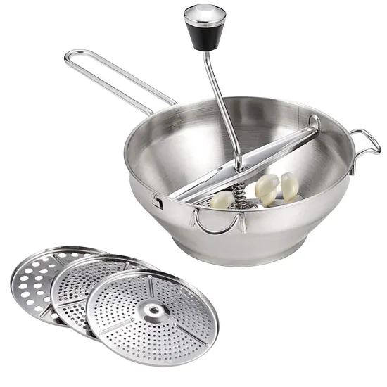 Ergonomic Stainless Steel Food Mill with 3 Grinding Discs and Bowl