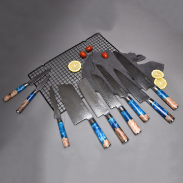 QXF Damascus 8" Chef Knife Set - 67 Layer Damascus Steel with Blue Resin Handle