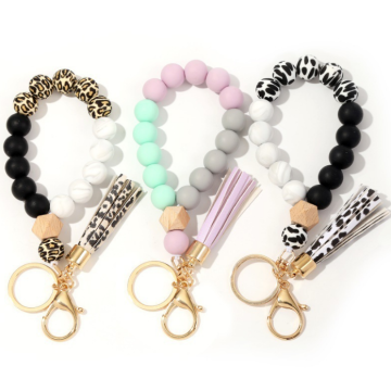 Custom Tassel Silicone Leopard Beaded Bracelet Keychain