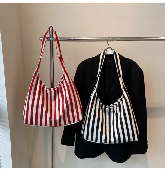 Striped Tote Shoulder Bag With Multi Pockets