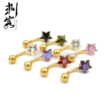 Gold Anodized Prong Set Star CZ Crystal Navel Belly Ring