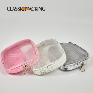 Custom Logo Small Mesh Reißverschluss Kosmetikbeutel in Silber und Rosa