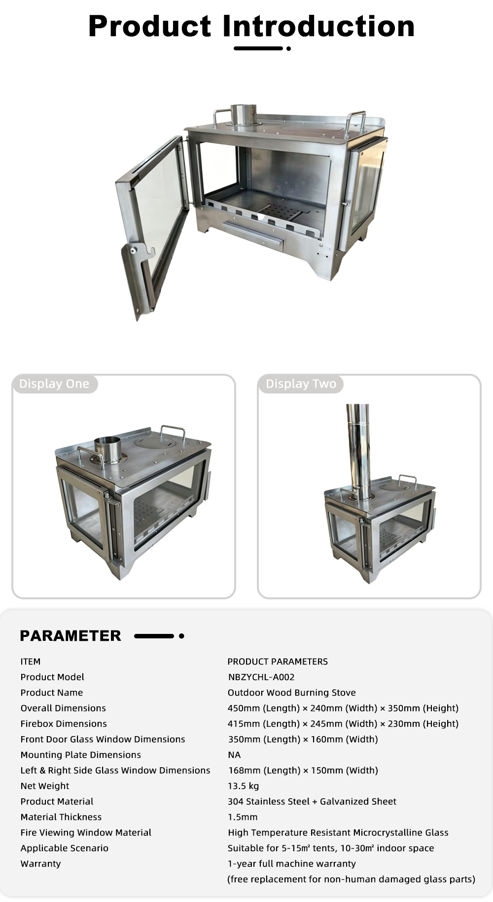 NBZYCHL-A002 Stainless Steel Wood Stove with Large Fire View Window x