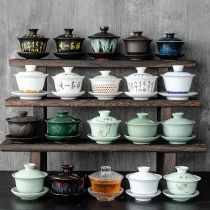 Chinese Traditional Gaiwan with Kung Fu Tea Set: Porcelain Bowl and Tea Cup