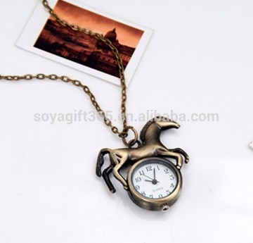 Antique Bronze Cartoon Horse Pendant pocket watch Long Chain Necklace