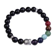 Pulsera de Onyx negro Buda 7 Cuentas de aleación de piedras preciosas Chakra