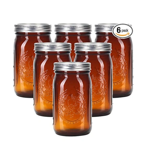 Cornucopia Amber Glass Mason Jars - 6-Pack, Pint Size (16oz), Square With Lids