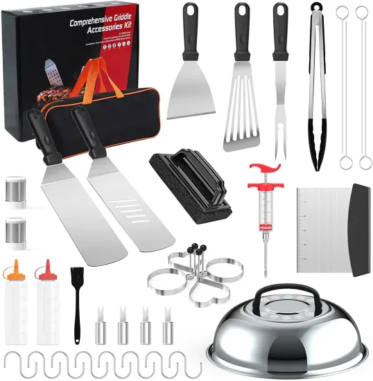 Complete Griddle and BBQ Grill Accessories Set: 43-Piece Stainless Steel Tool Kit with Thermometer, Spatula, Grill Mats, Carry Bag
