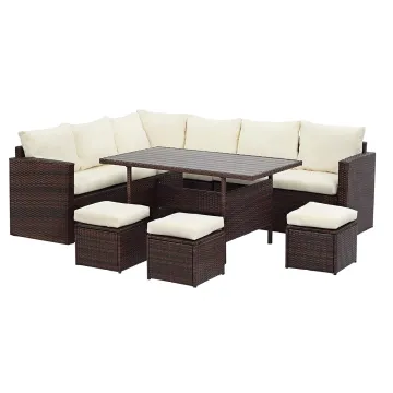 Rattan Wicker Outdoor Garden Furniture: 7-Piece Sectional Low Dining Sofa Set with Cushions
