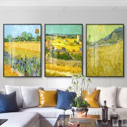 Starry Night Sunflower Triptych - Van Gogh Inspired Living Room Wall Art