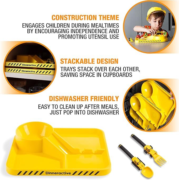 Dinneractive Dining Set for Kids - 3 Piece Construction Themed Toddler Utensils & Toddler Plates - Toddler Forks and Spoons - Ki