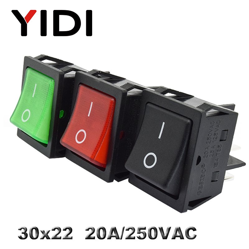 KCD4-201 30x22 30A 250VAC Heavy Duty KCD4 Rocker Switch 20A 250VAC DPST ON OFF latching 12V 220V Red Green Blue LED Illuminated