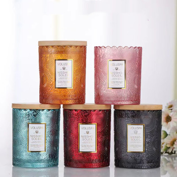 Custom In-Stock 200ml Color Luxury Stereo Embossed Glass Candle Jar with Lid