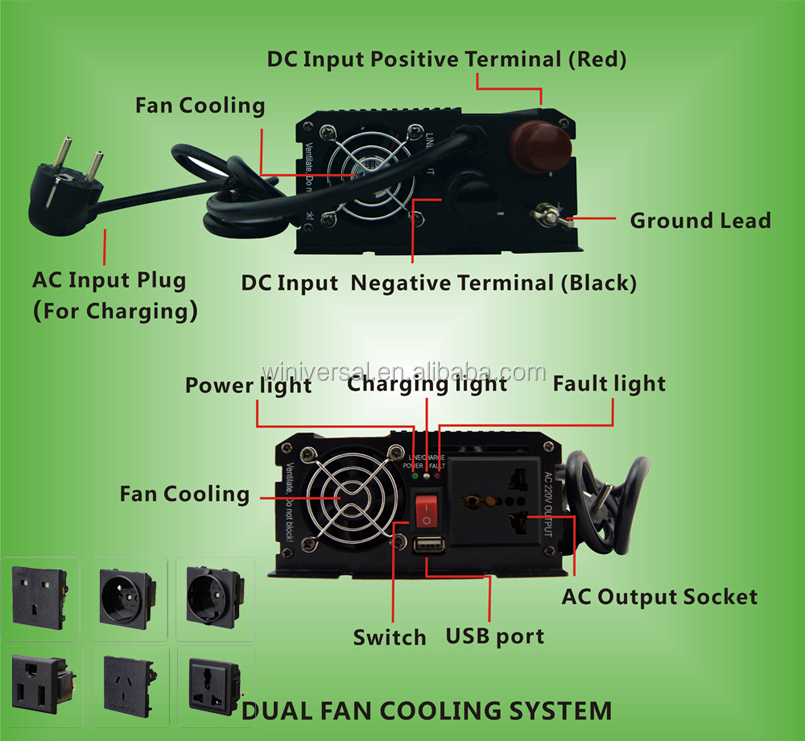 Fonte de alimentação de 12VDC 1000W DC 12V para inversor AC 230V com carregador de bateria para aquecedor de água