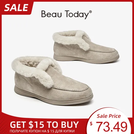 BeauToday Ankle Boots Women Cow Suede Leather Snow Boots Round Toe Warm Wool Slip-on Ladies Winter Fur Shoes Handmade 08203
